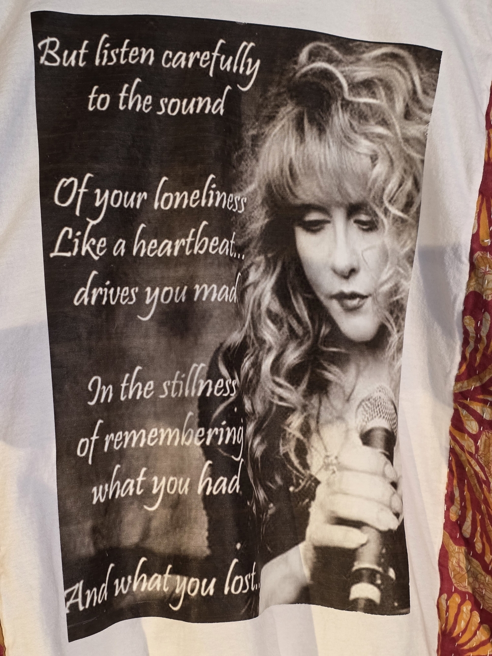Upcycled Stevie Nicks Tee with Burgundy & Gold Kimono Sleeves - Picture 3 of 6